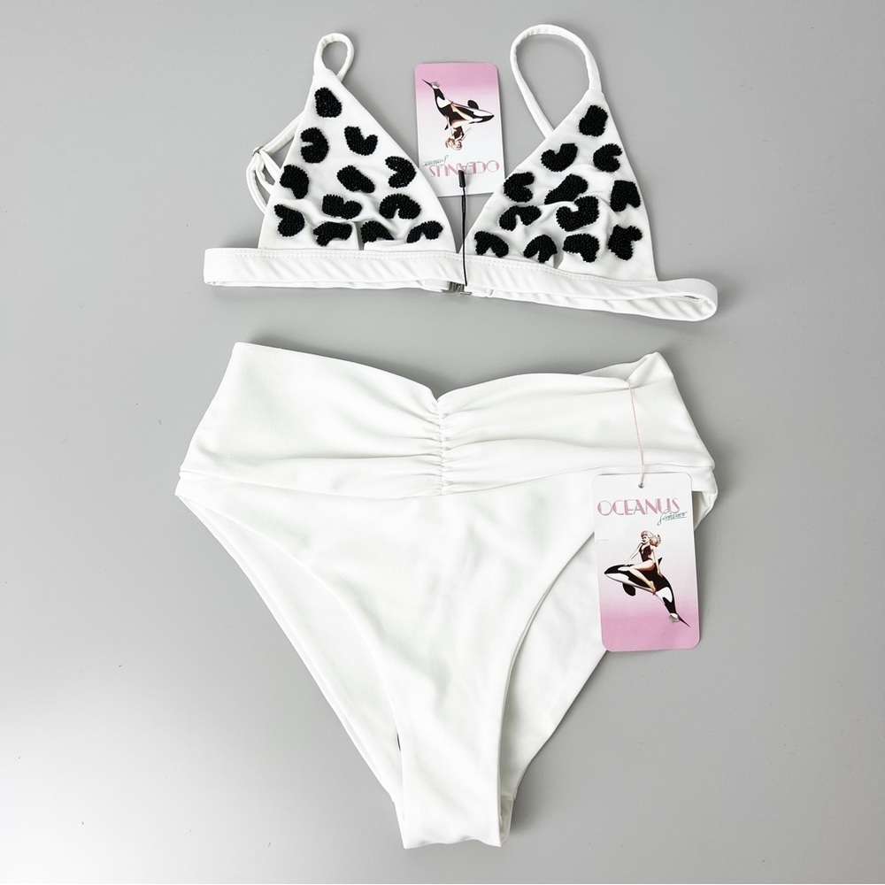 New Oceanus 2pc Bikini Swimsuit White Black Hand Beaded Print size XS